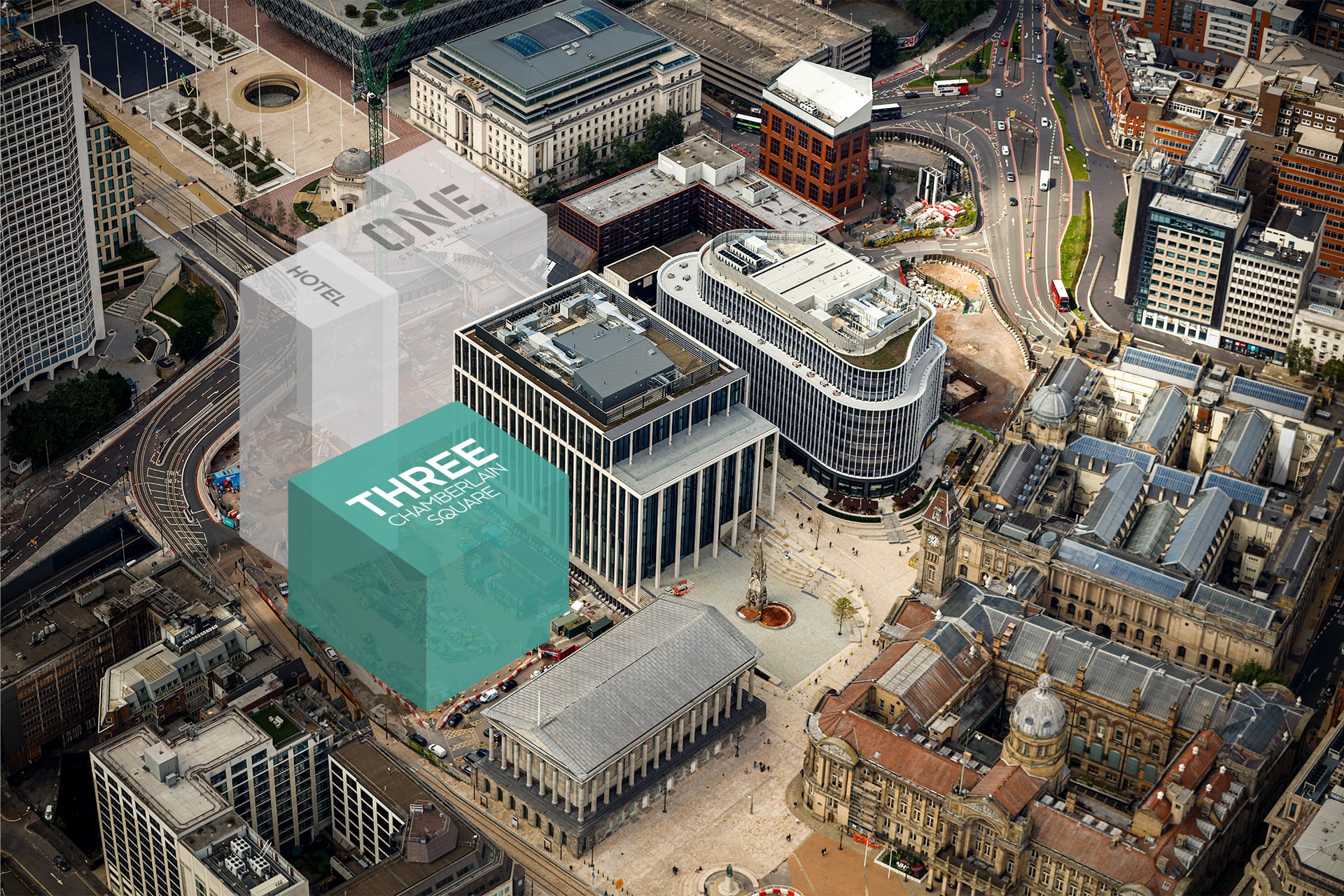 Aerial view of Paradise Birmingham, with the location of Three Chamberlain Square highlighted.