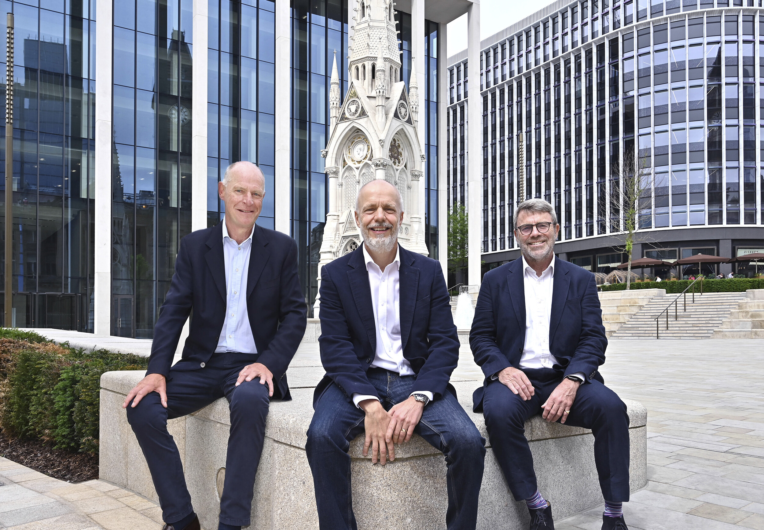 Chris Taylor, Rob Groves and James Dipple sitting in Chamberlain Square.