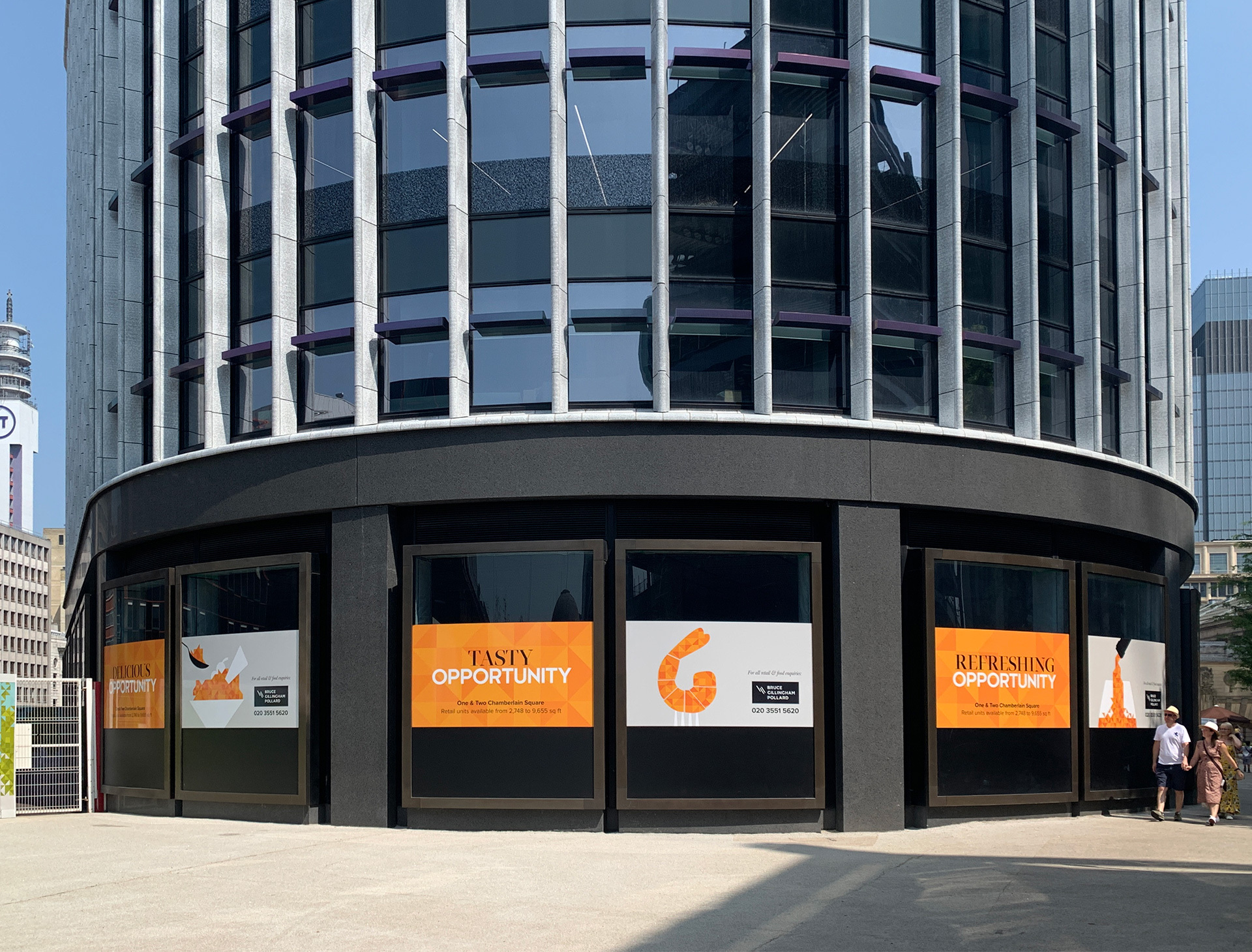 Signage advertising retail space on the western side of the ground floor of One Chamberlain Square.