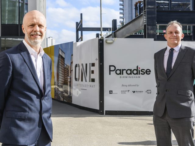 Rob Groves, MEPC and Mark Jones, Arup in front of One Centenary Way, Paradise Birmingham.