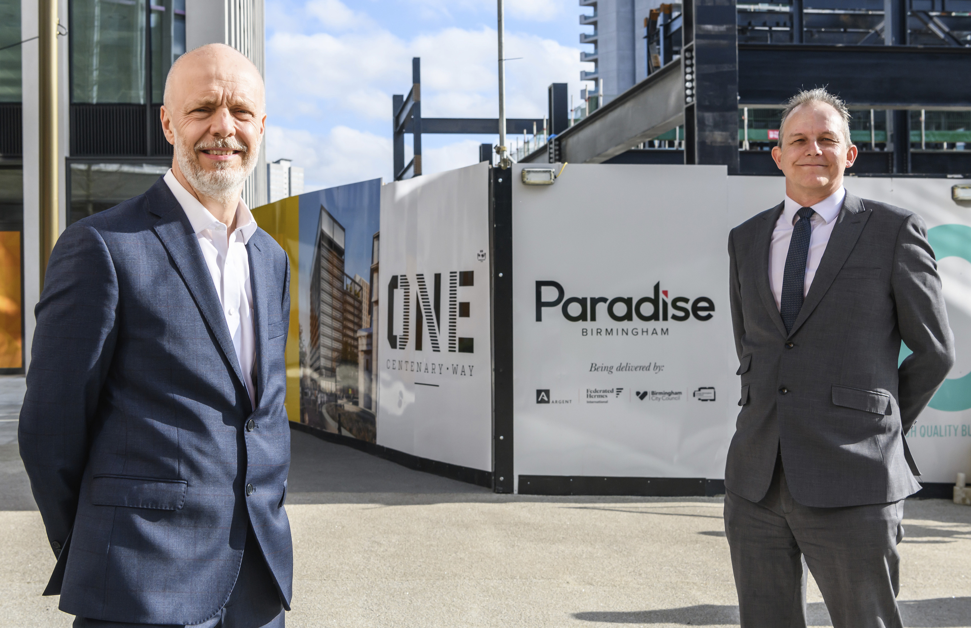 Rob Groves, MEPC and Mark Jones, Arup in front of One Centenary Way, Paradise Birmingham.