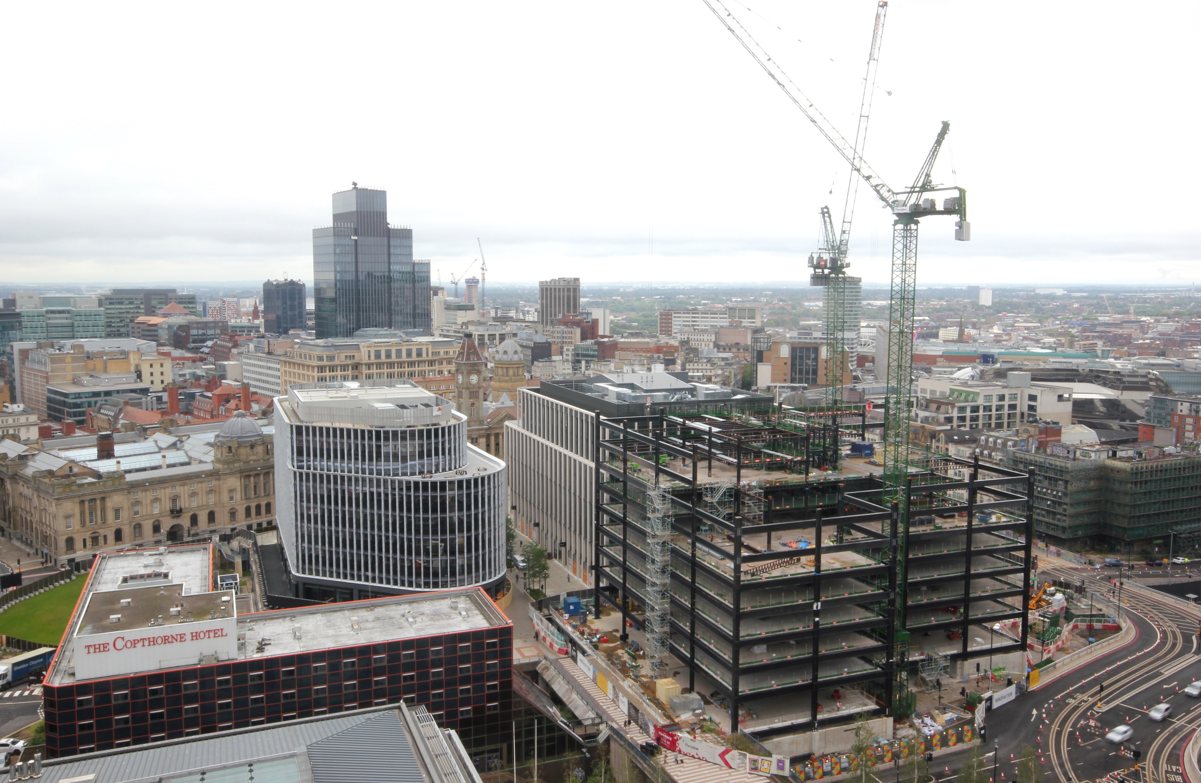 Aerial view of Paradise Birmingham and the construction of One Centenary Way.