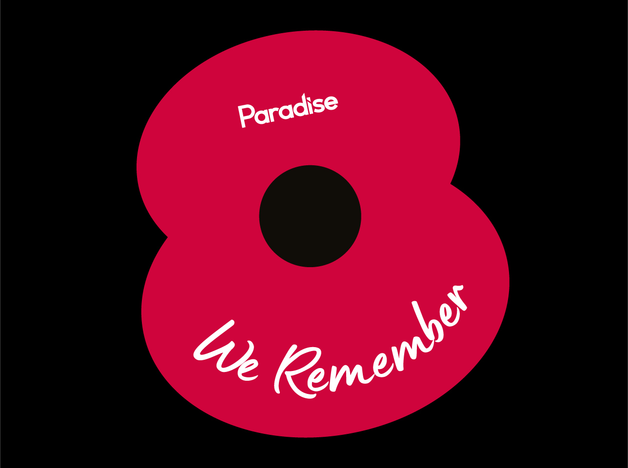 A red poppy on a black background with the words 'We Remember'.