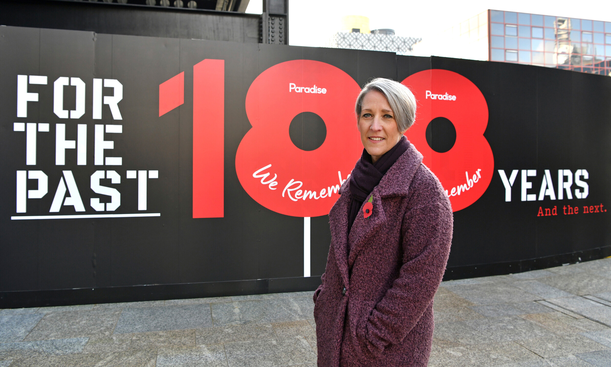 Caroline Rudge at the Poppy Appeal hoarding on Centenary Way at Paradise Birmingham