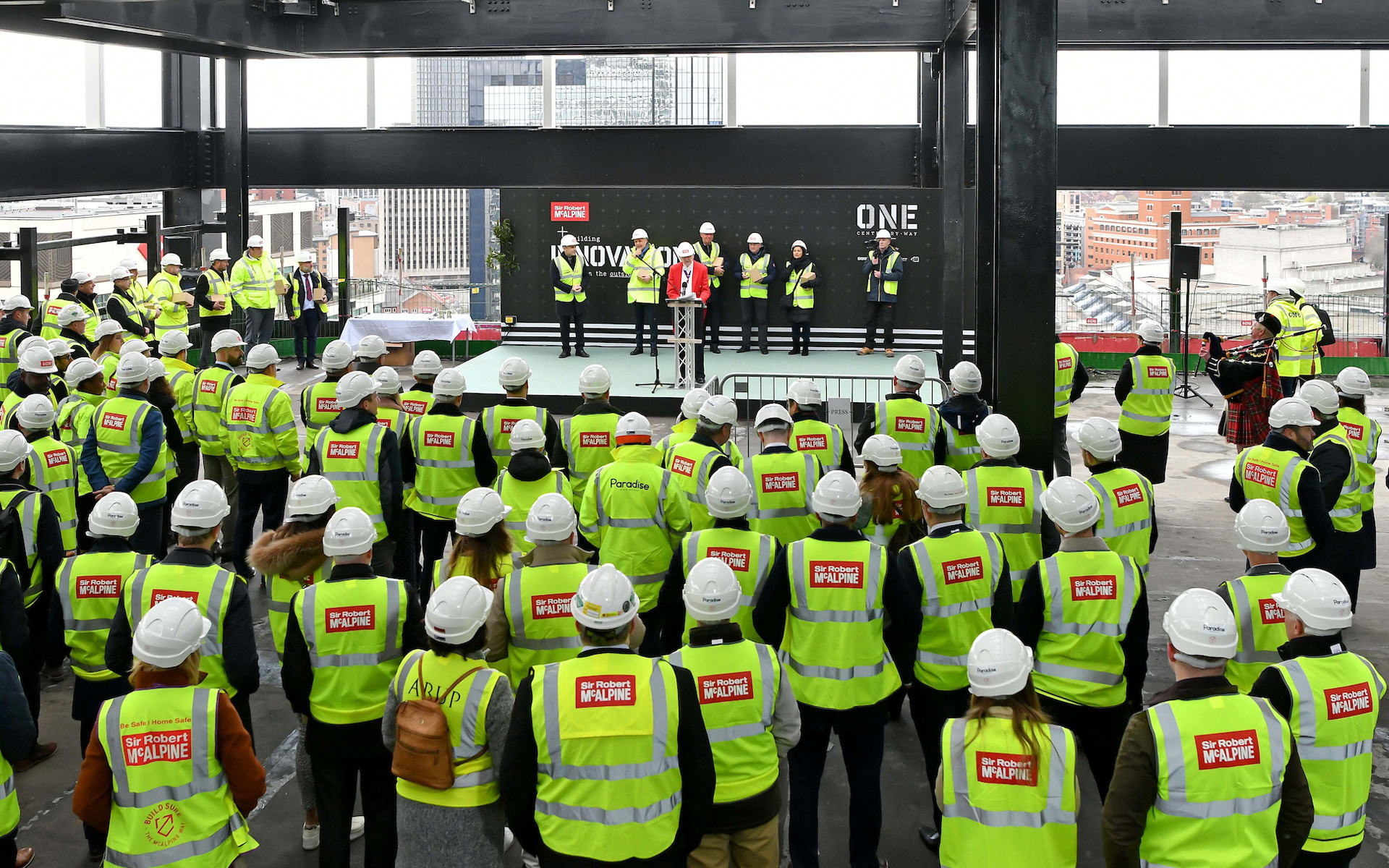 Crowd at Topping Out event at One Centenary Way.