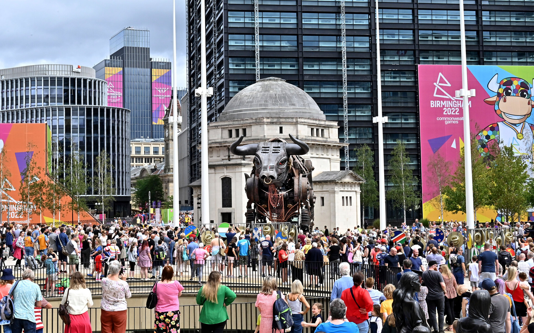 A giant mechanical bull, used in the Commonwealth Games 2022 opening ceremony, in Centenary Square Birmingham. The Paradise Birmingham development is behind it.