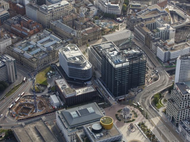 Paradise development showing One & Two Chamberlain Square and One Centenary Way. Progress is being made on the Octagon foundations. Aerial view.