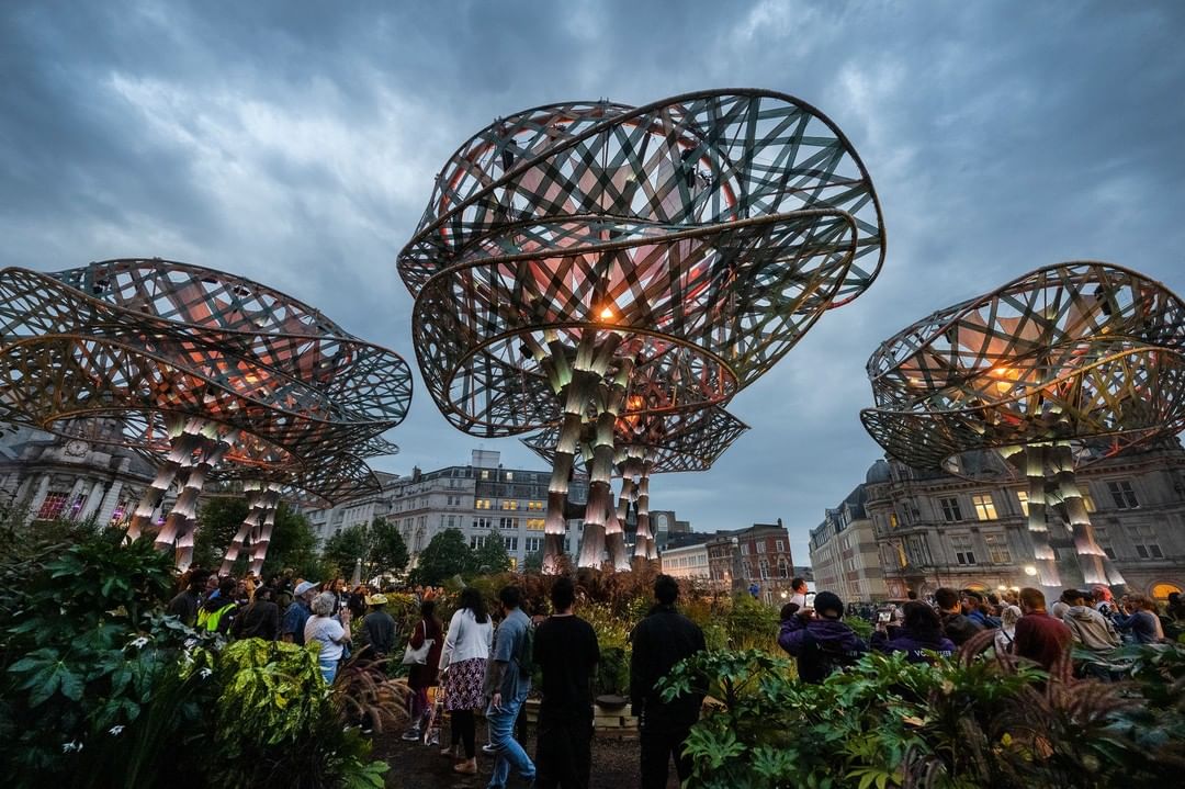 Giant architectural tree sculptures in the garden created in Victoria Square by Poli-Nations.