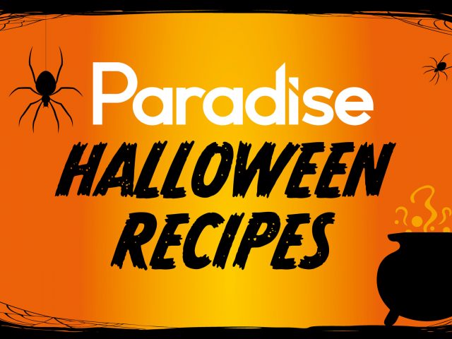 Paradise Halloween Recipes. Silhouettes of spiders, cobwebs and a cauldron border the text.