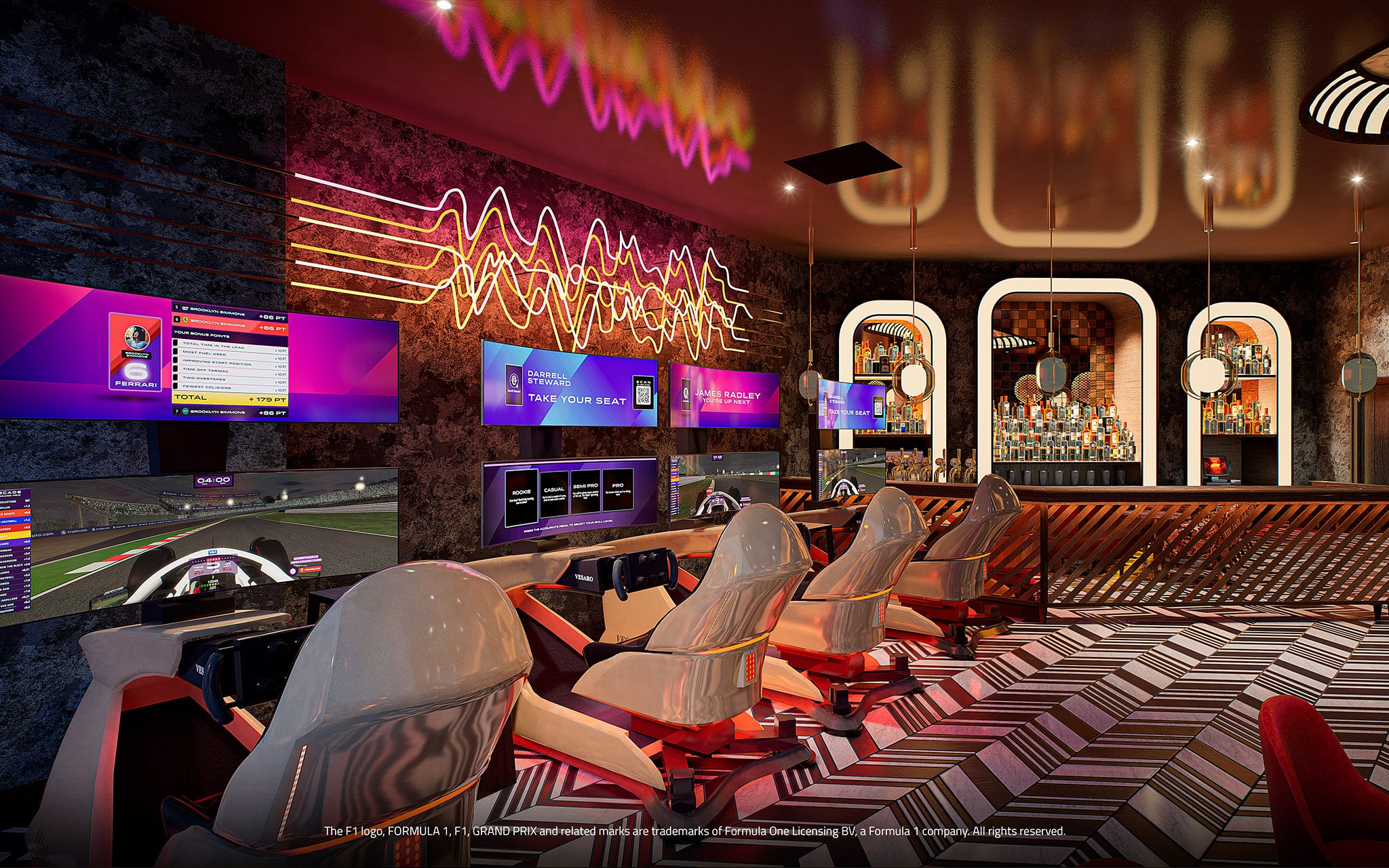 Driving video game booths, with full curved surround screen, steering wheel and pedals controllers and large speaker sound system, with a lavish bar area in the background.