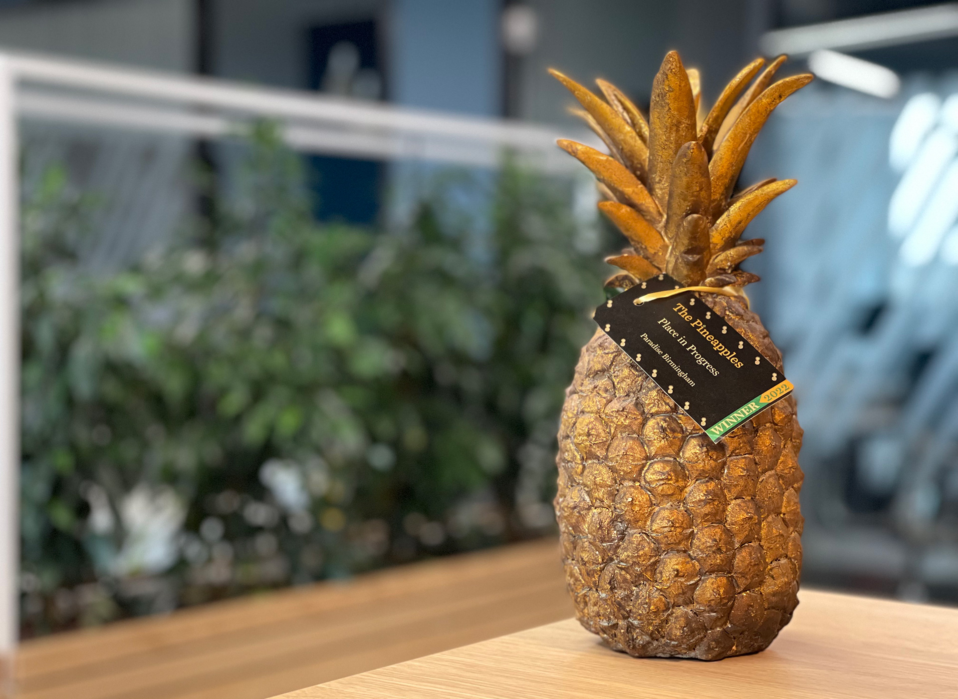 Bronze pineapple shaped trophy on a desk with the Paradise Birmingham offices blurred in the background.