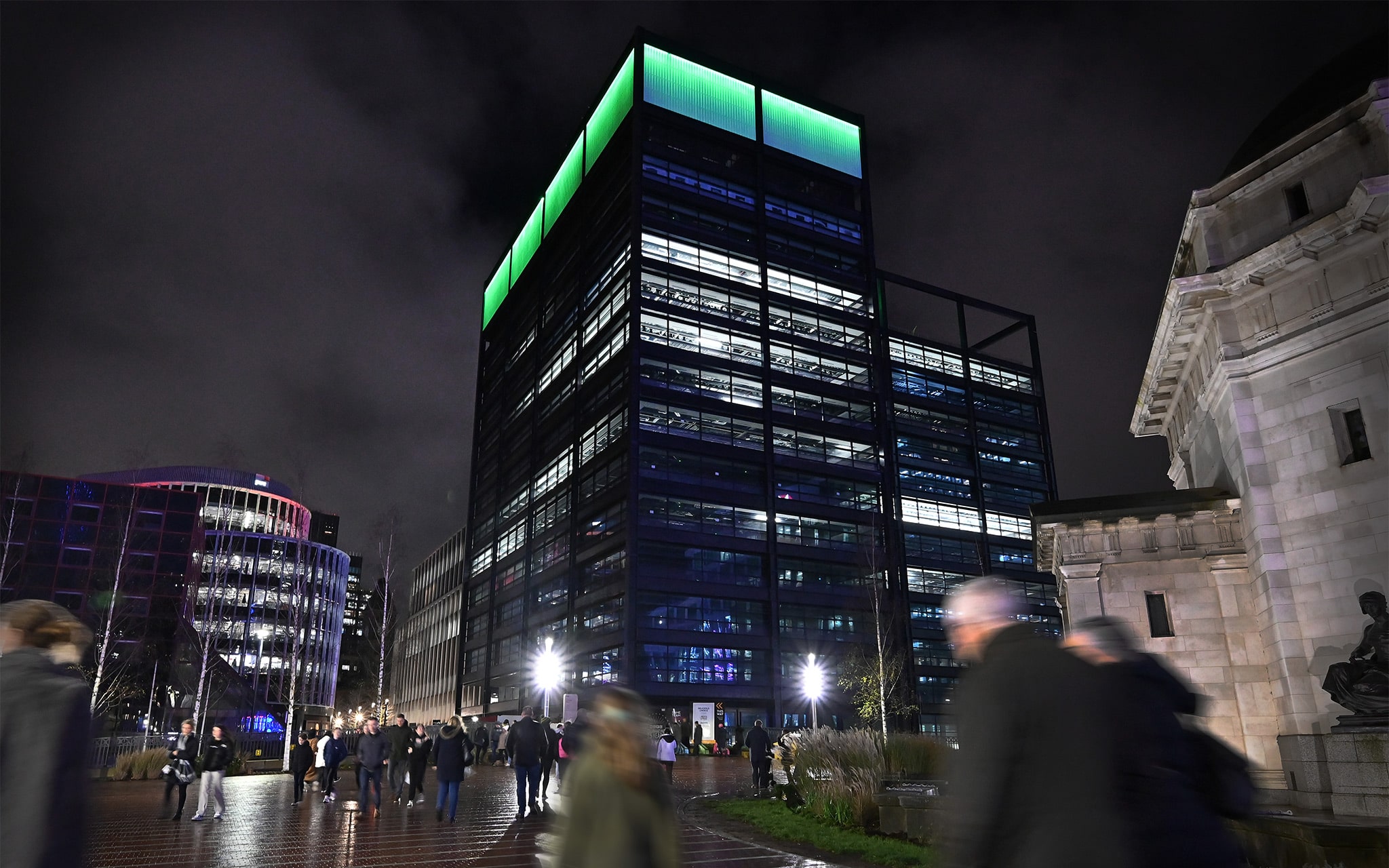 One Centenary Way, Paradise Birmingham with the glass lantern lit up at night.